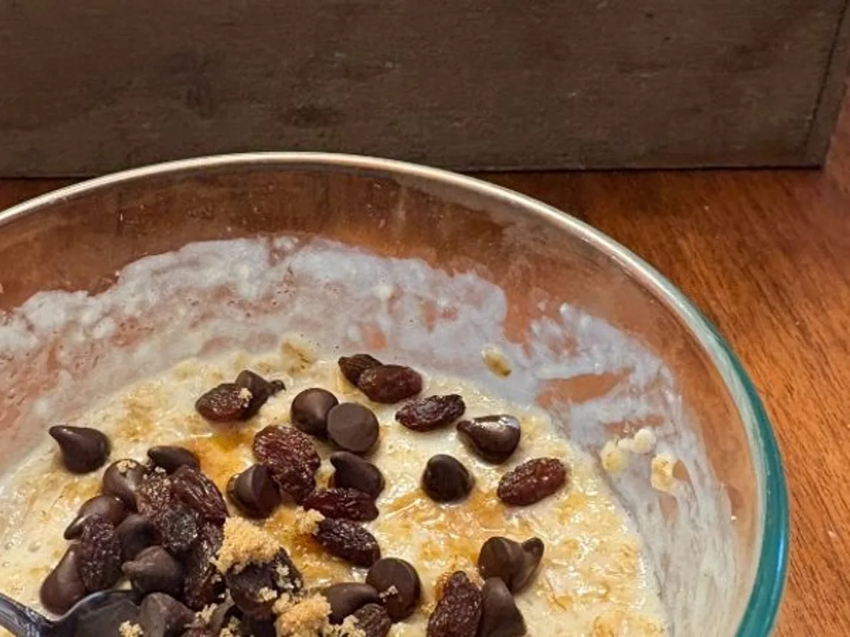 Bowl of oatmeal with chocolate chips and raisins